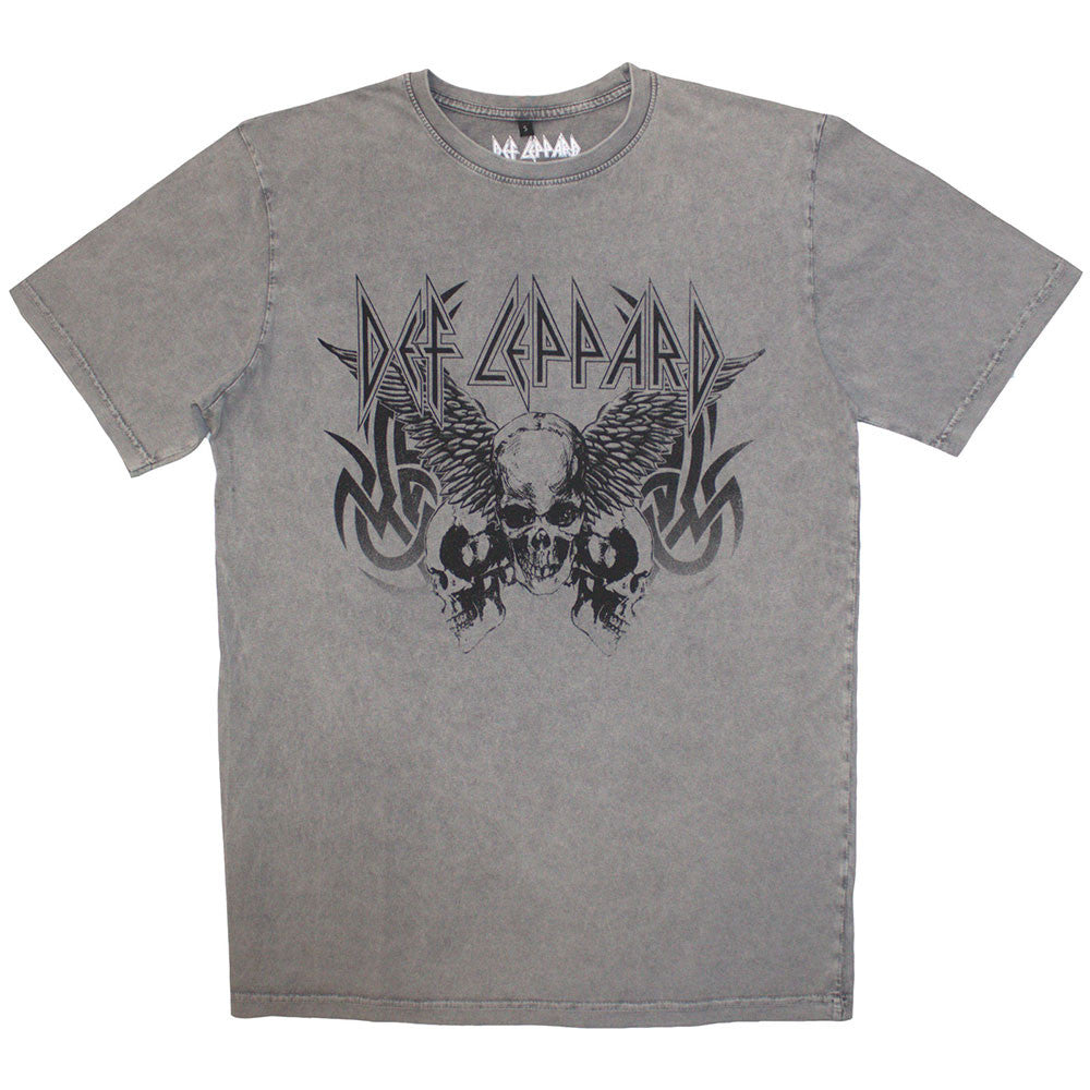 DEF LEPPARD - Def Leppard Unisex Stone Wash T-Shirt: Tribal Skull (Grey)