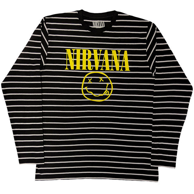 NIRVANA - Unisex Sweatshirt: Yellow Happy Face Striped (Black & White)