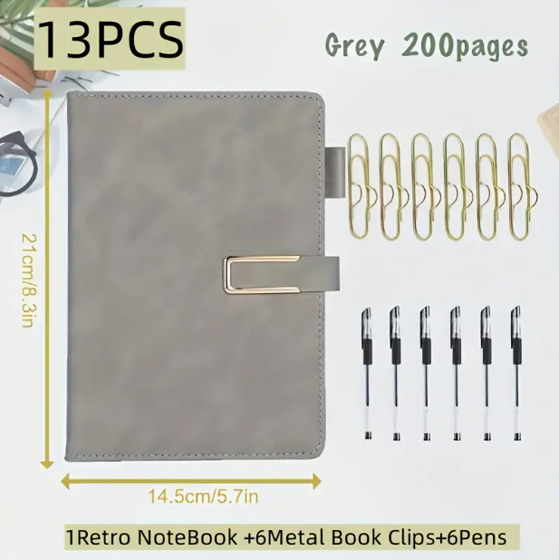 13pcs Retro A5 Set + 6 Metal Clips + 6 Pens, 200-Page Notebook