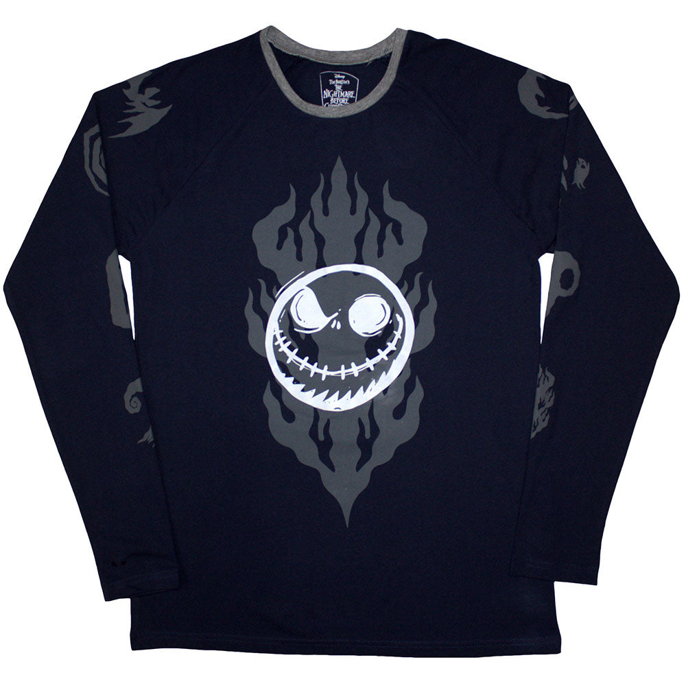 The Nightmare Before Christmas Unisex Long Sleeve T-Shirt: Flaming Jack (Navy Blue) (Embellished)