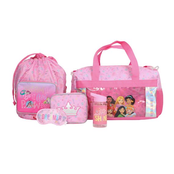DISNEY - 5 Pc Duffle Bag Set – Duffle Bag, Water Bottle, Drawstring Backpack, Sleep Mask, and Utility Bag