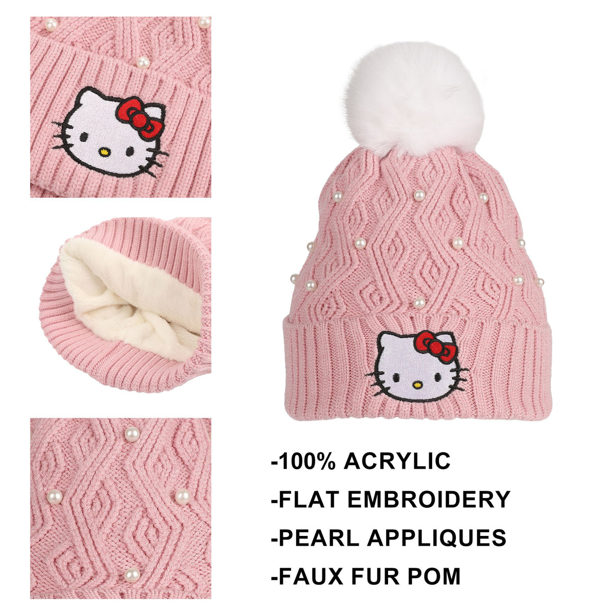 HELLO KITTY - Pink Textured Knit Beanie With Fur Pom