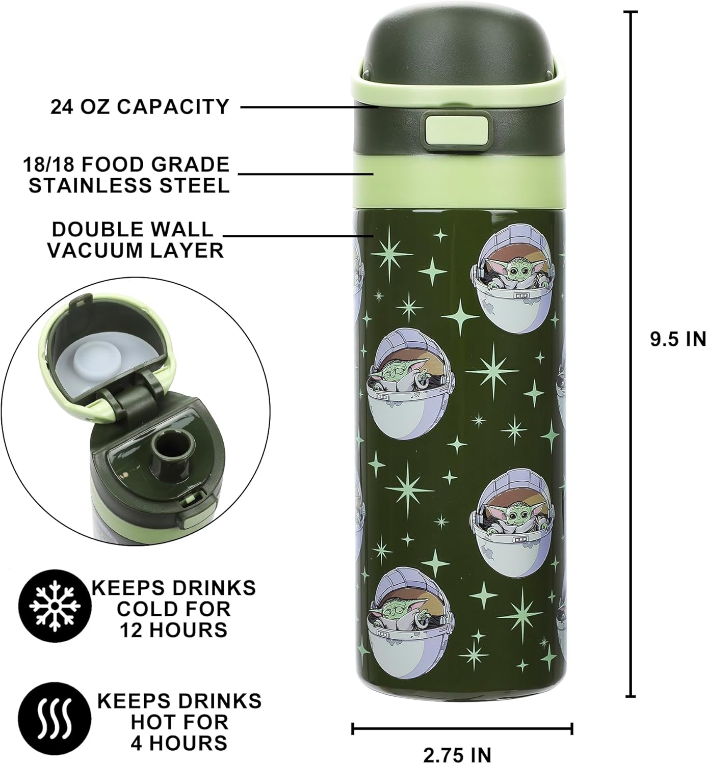 STAR WARS - The Mandalorian and Grogu 24 Oz. Stainless Steel Tumbler With Flip-Top Lid