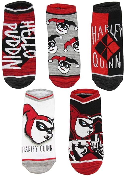 DC Comics Harley Quinn Adult Character Themed Designs 5 Pack Mix and Match No Show Ankle Socks