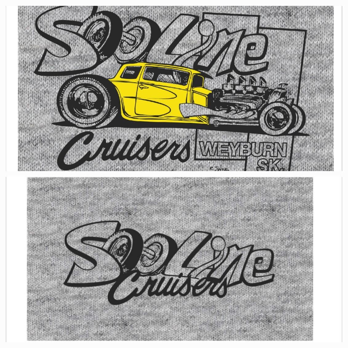 Sooline Cruisers T-Shirt - Back Logo Yellow Hot Rod - Adult