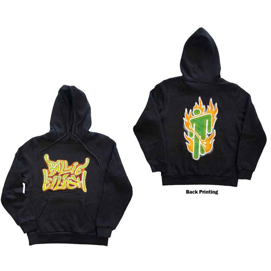 BILLIE EILISH - Unisex Pullover Hoodie: Airbrush Flames Blohsh (Dark Grey) (Back Print)