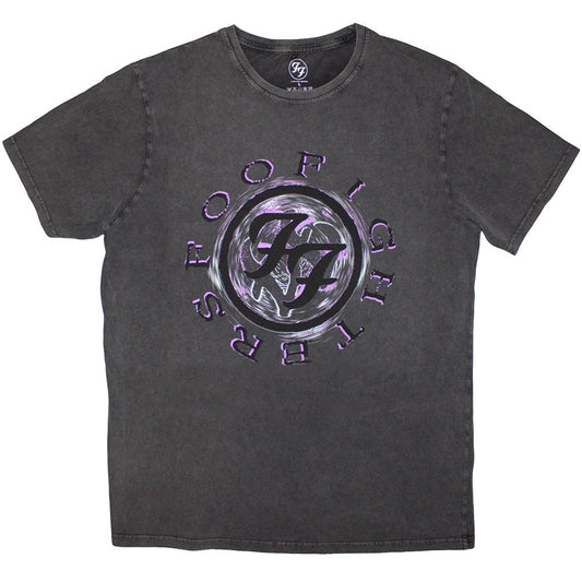 FOO FIGHTERS - Foo Fighters Unisex Stone Wash T-Shirt: Wheel Logo Shadow (Charcoal Grey)