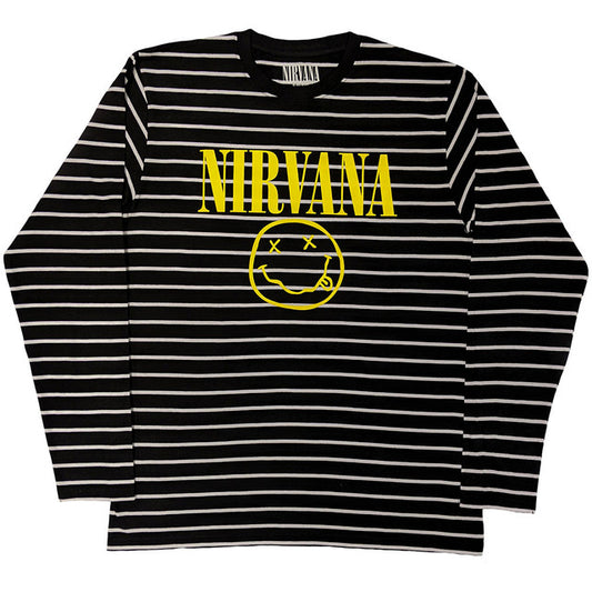 NIRVANA - Unisex Sweatshirt: Yellow Happy Face Striped (Black & White)