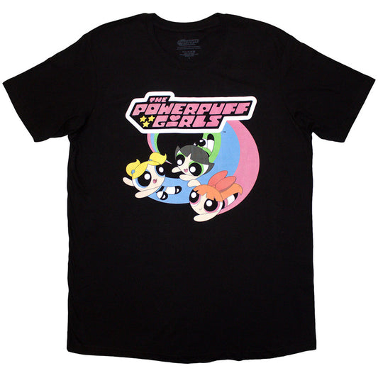POWERPUFF GIRLS - Cartoon Network Unisex T-Shirt: Trio Flying Logo (Black)