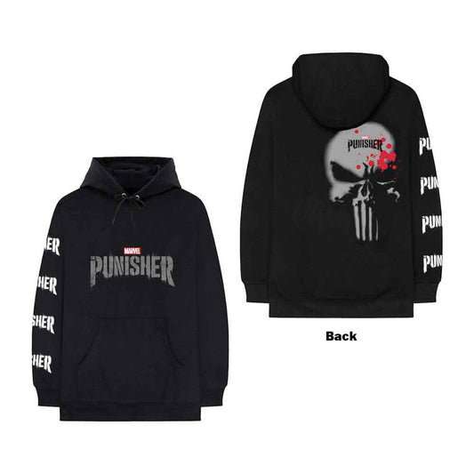 PUNISHER - Marvel Comics Unisex Pullover Hoodie: Punisher Stamp (Black) (Back Print & Sleeve Print)