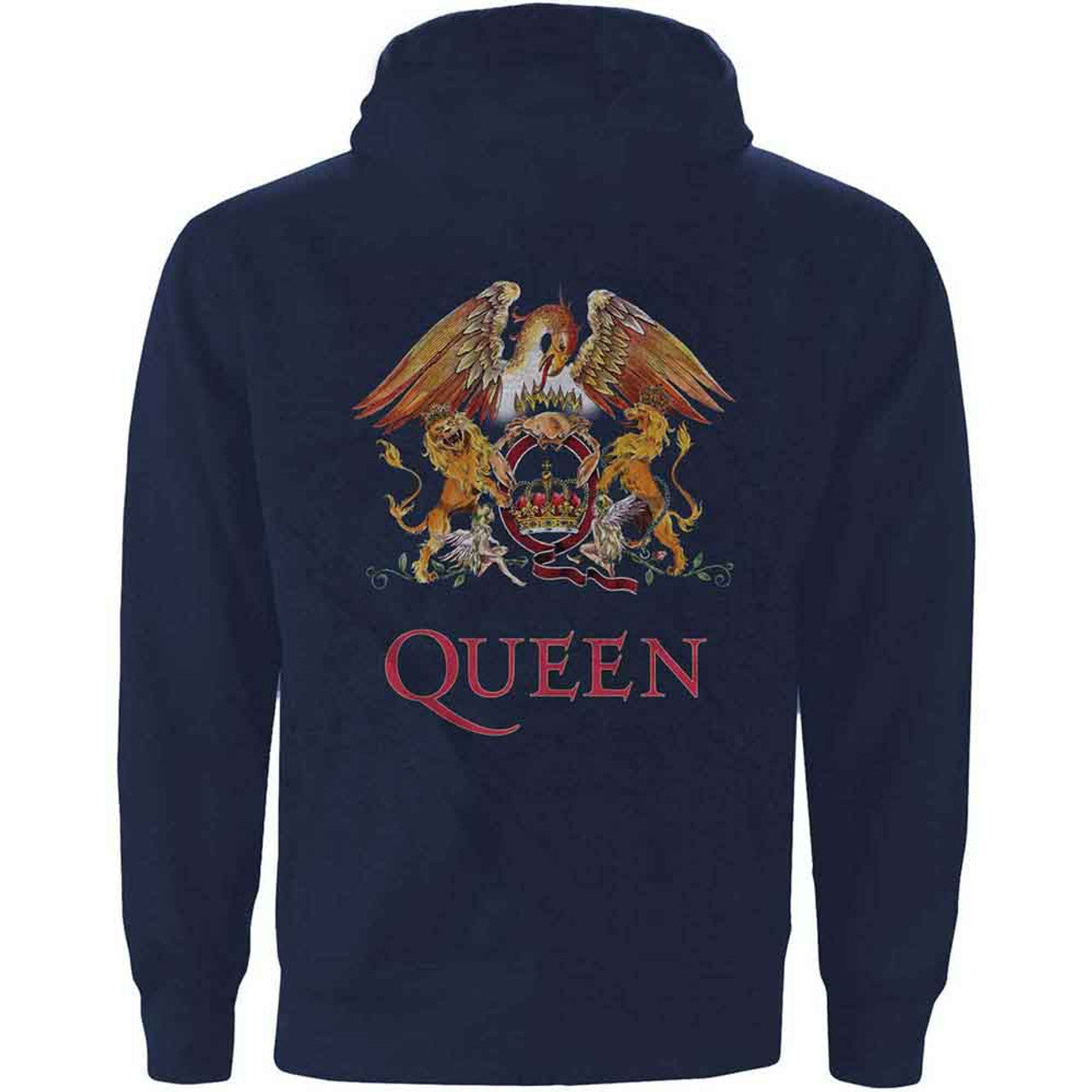 QUEEN - Unisex Zipped Hoodie: Classic Crest (Navy Blue) (Back Print)