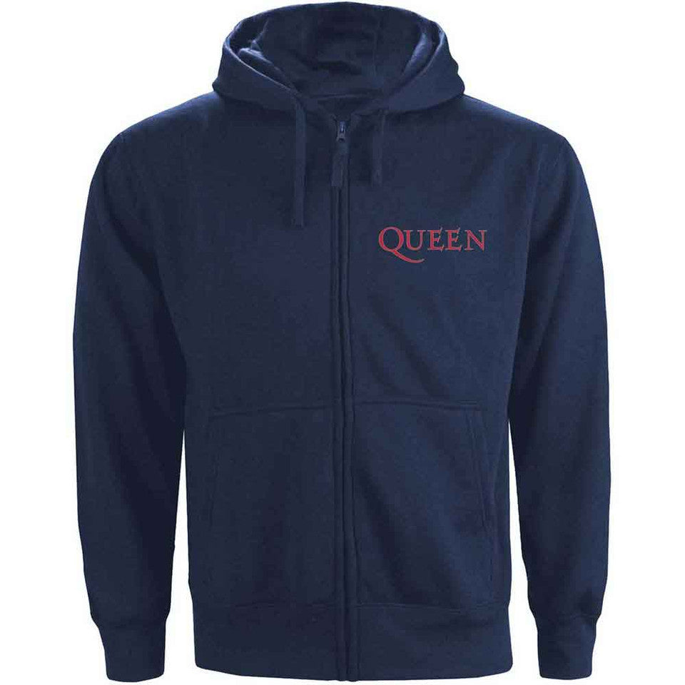 QUEEN - Unisex Zipped Hoodie: Classic Crest (Navy Blue) (Back Print)