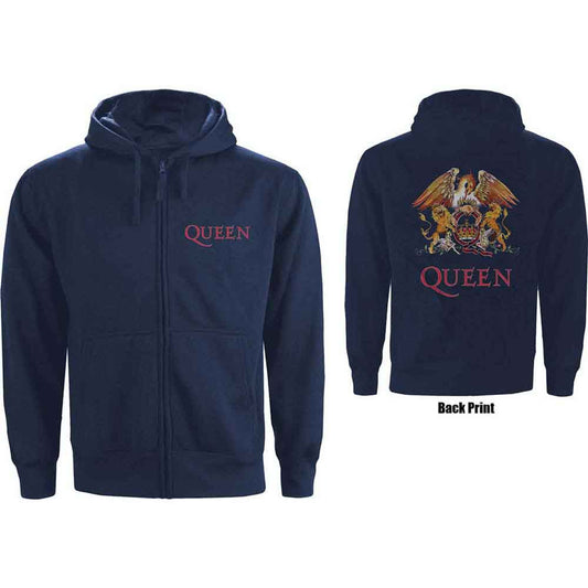 QUEEN - Unisex Zipped Hoodie: Classic Crest (Navy Blue) (Back Print)