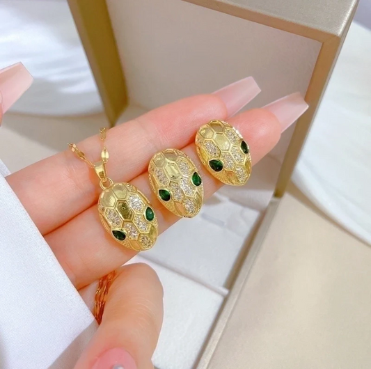 Stainless Steel Plating Jewelry Set 2 Pieces - Green Stone