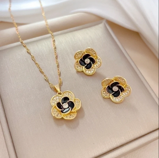 Stainless Steel Plating Jewelry Set 2 Pieces - Black Flower