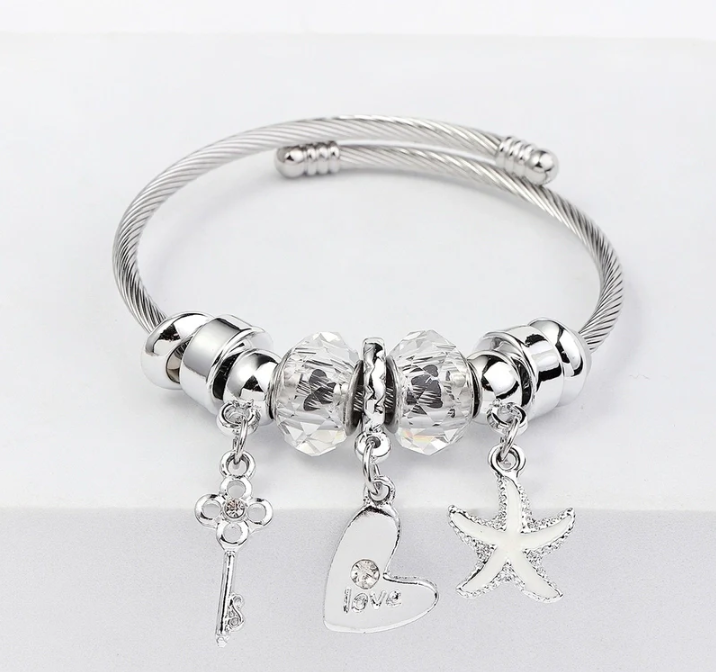 Stainless Steel Asymmetrical Plating Bangle - Starfish - White