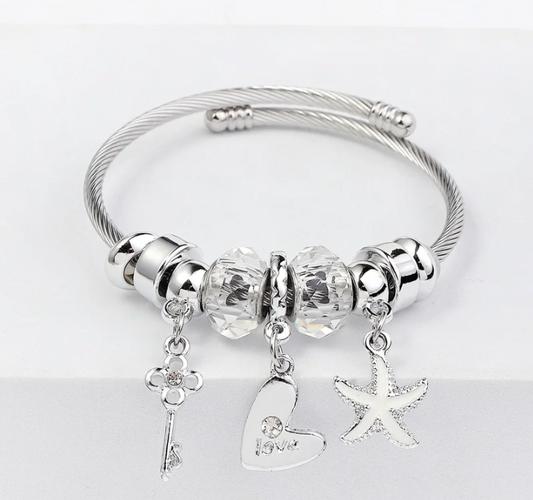 Stainless Steel Asymmetrical Plating Bangle - Starfish - White