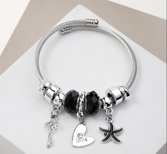 Stainless Steel Asymmetrical Plating Bangle - Starfish - Black