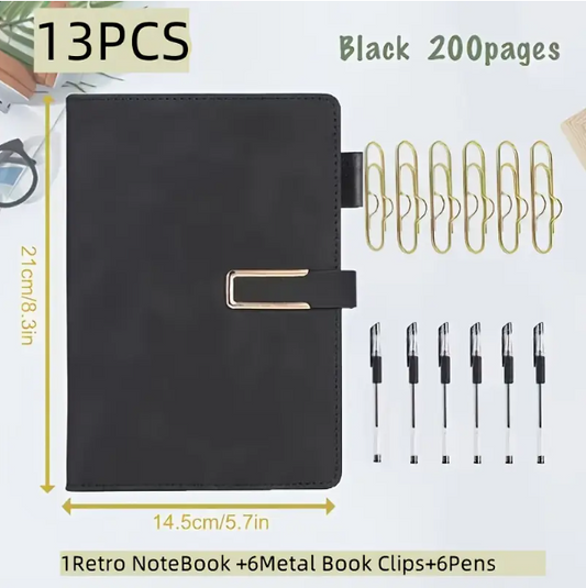 13pcs Retro A5 Set + 6 Metal Clips + 6 Pens, 200-Page Notebook