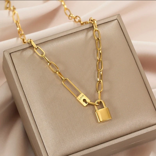 Titanium Steel Lock Pendant Gold Necklace