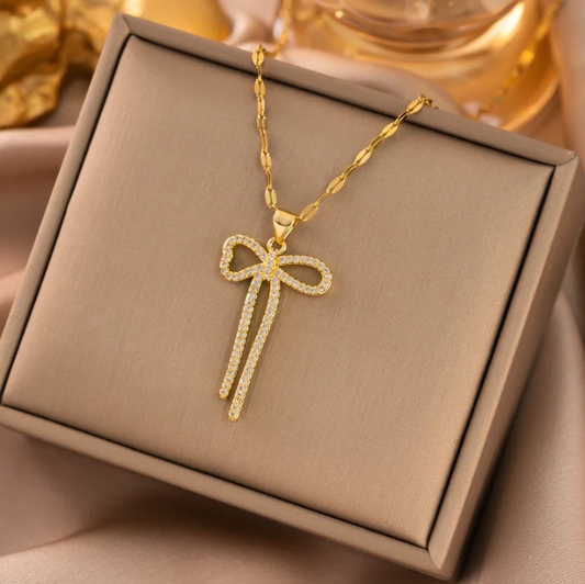 Titanium Steel Rhinestones Bow Pendant Gold Necklace