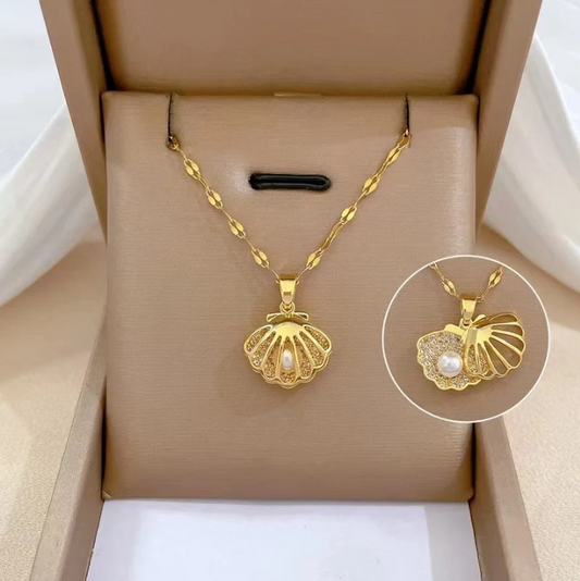 Titanium Steel Rhinestones Shell and Pearl Pendant Gold Necklace