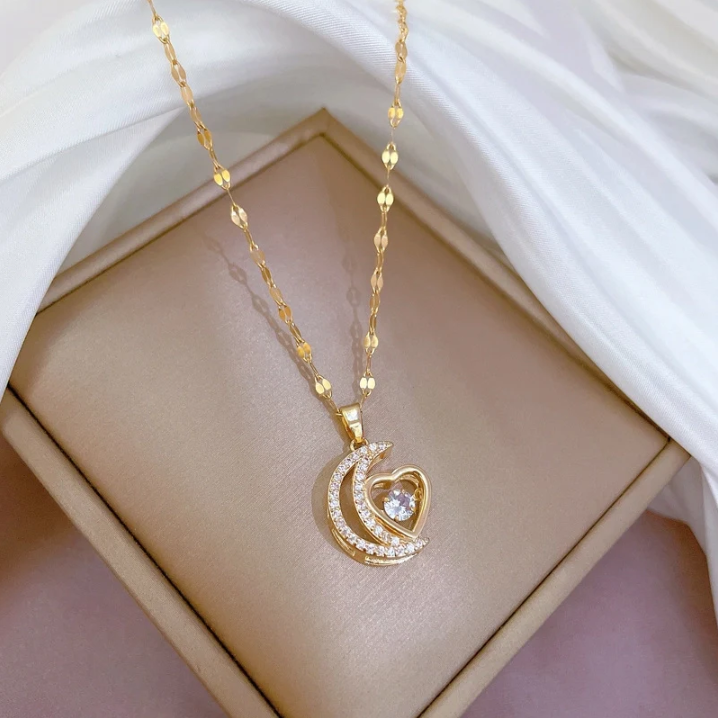 Titanium Steel Rhinestones Moon Heart Pendant Gold Necklace