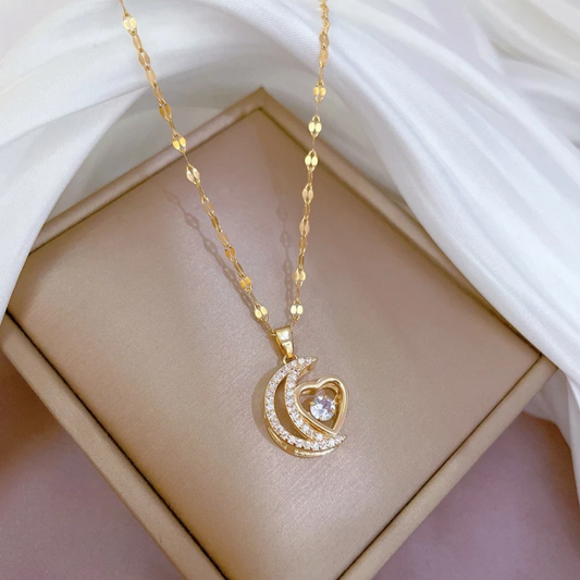Titanium Steel Rhinestones Moon Heart Pendant Gold Necklace