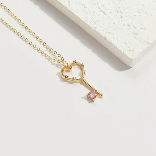 Titanium Steel Rhinestones Key and Heart Pendant Gold Necklace