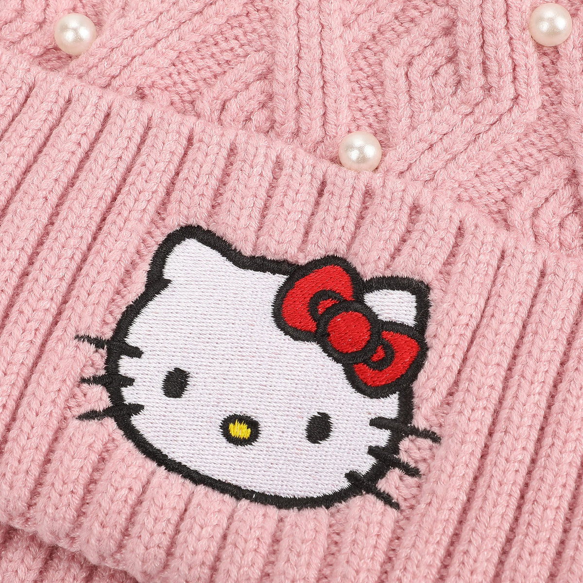 HELLO KITTY - Pink Textured Knit Beanie With Fur Pom
