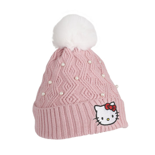 HELLO KITTY - Pink Textured Knit Beanie With Fur Pom