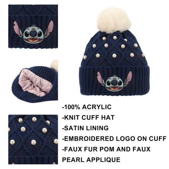 LILO & STITCH - Stitch Blue Fuzzy Pom Beanie With White Spots Satin Lining
