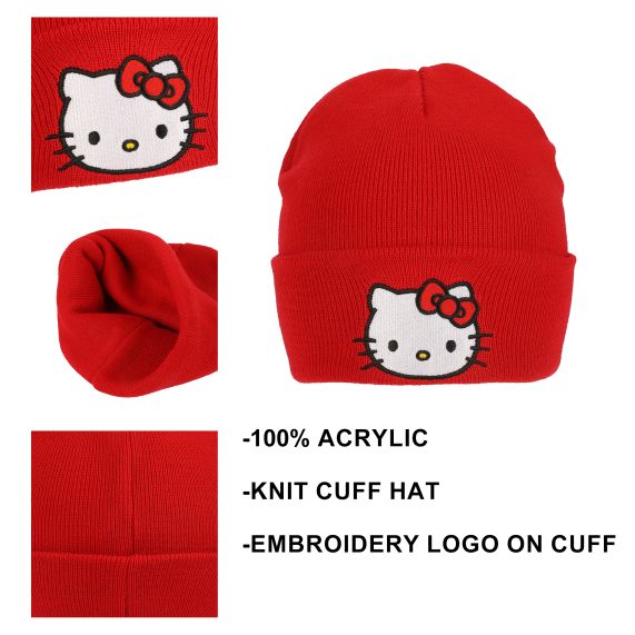 HELLO KITTY - Red Embroided Cuff Beanie